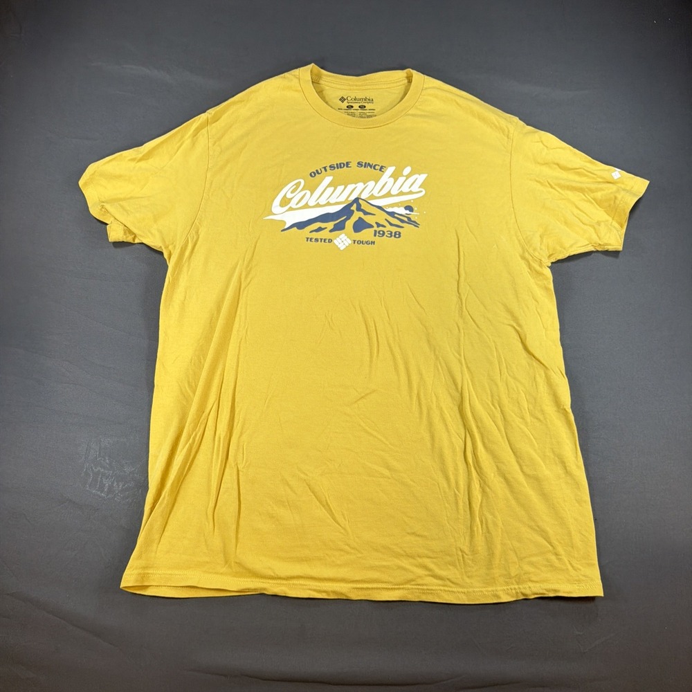 yellow Columbia Sportswear graphic T-shirt featuring a mountain logo XL